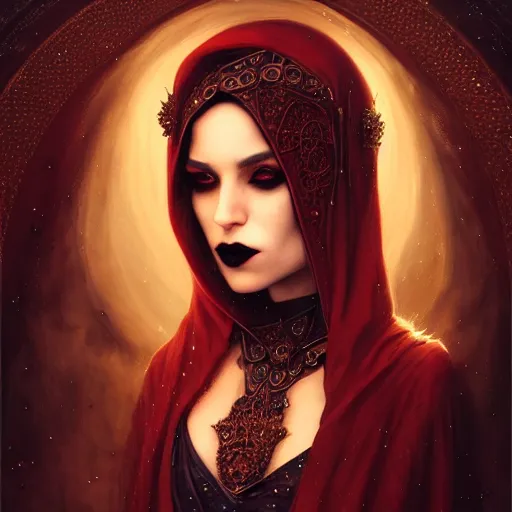 Prompt: Portrait of a riveting Arabic vampire woman!, atmospheric lighting, gothic makeup, intricate, oasis!, volumetric lighting, beautiful, starlit sky, sharp focus, ultra-detailed, by Tom Bagshaw Leesha Hannigan, Ross Tran, Thierry Doizon, Kai Carpenter, Ignacio Fernández Ríos