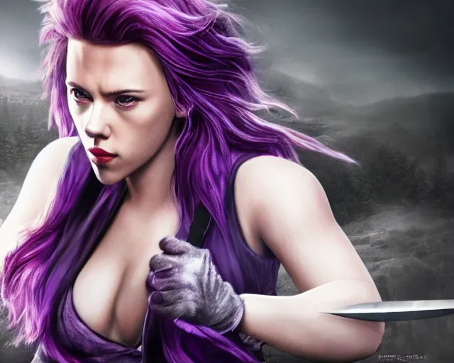 Prompt: Scarlett Johansson in epic knife battle pose, cinematic, 4k, hyper realistic, super detailed, purple hair