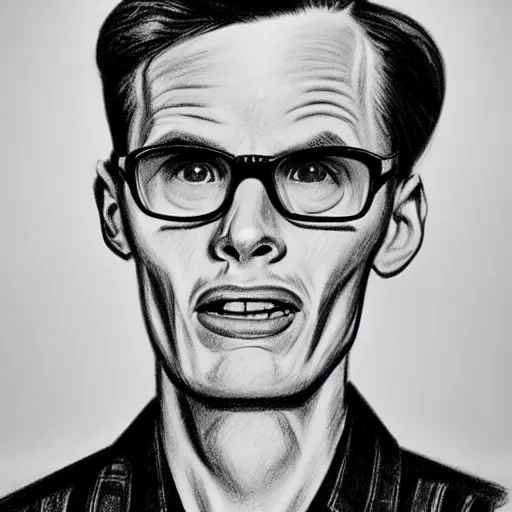 Image similar to A 1950s Style Comic-Like Drawing of iDubbbz, grainy, realistic, hyperrealistic, very realistic, very very realistic, highly detailed, very detailed, extremely detailed, detailed, digital art, trending on artstation, detailed face, very detailed face, very detailed face, realism, HD Quality, 8k resolution, intricate details, body and head in frame, drawing, inked drawing, comic drawing, neat drawing, 1950s, 50s, in the style of Frank Hampson, in the style of Frank Bellamy, in the style of Dave Gibbons, in the style of Don Lawrence, in the style of Wally Wood