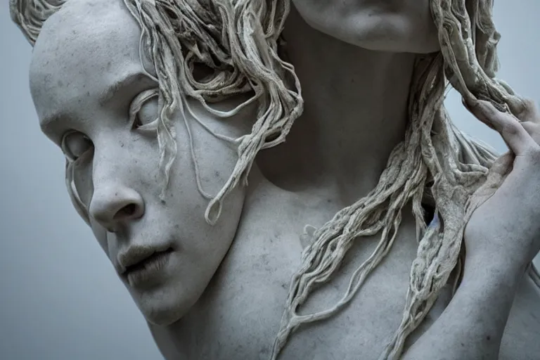 Image similar to a sculpture of a beautiful woman with flowing tears, fractal flowers on the skin, intricate, a marble sculpture by nicola samori, behance, neo - expressionism, marble sculpture, apocalypse art, made of mist, still frame from the prometheus movie by ridley scott with cinematogrophy of christopher doyle, arri alexa, anamorphic bokeh, 8 k