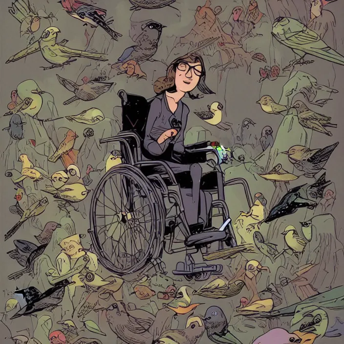 Image similar to a nerdy woman in a wheelchair, surrounded by birds, a full color illustration by mike mignola