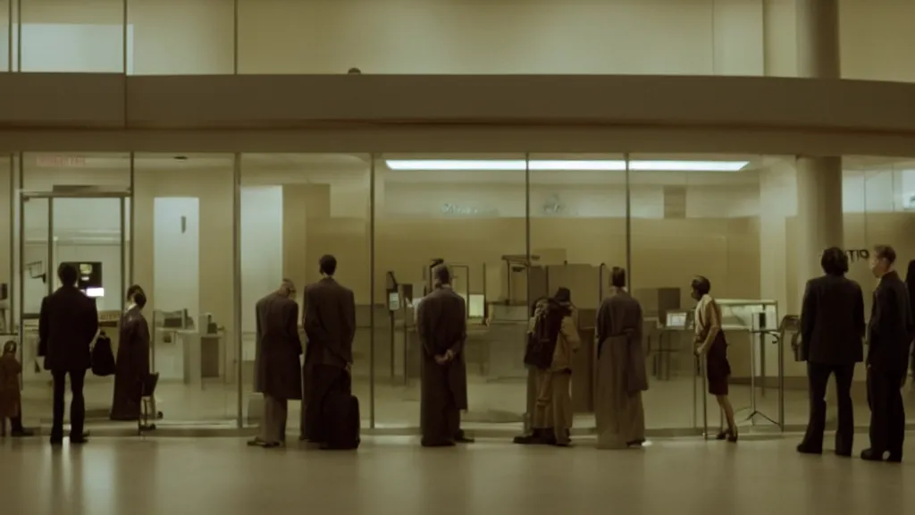 Prompt: the strange creature in line at the bank, film still from the movie directed by Denis Villeneuve with art direction by Salvador Dalí, wide lens