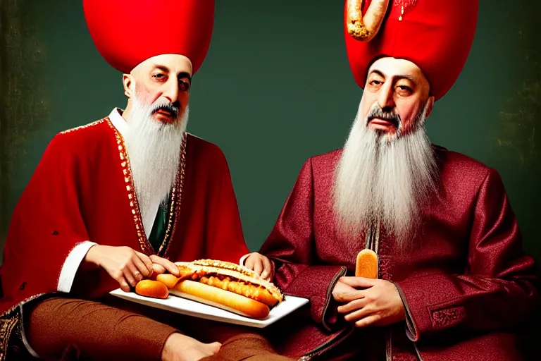 Prompt: Ottoman Sultan Mehmet IV eating a delicious hot dog, wearing big ovular turban and a luxurious Ottoman coat, mid-shot, cold lighting, photography from Vogue Magazine, neat, precise, realistic, detailed facial features, expressive, photorealistic, hyperrealism, micro details, HDR Shot, in the style of Martin Schoeller