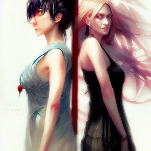 Image similar to jennifer connelly and uma thurman as a beautiful anime girls by wlop and greg rutkowski