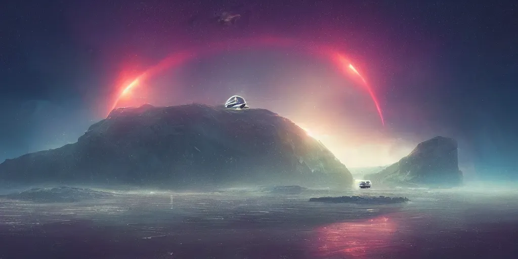 Prompt: space ship above an island, epic landscape, scifi, foggy, concept art, hurricane, mountains, port, cinematic lighting, beautiful, perfect, extreme detail, tesla coils on the beach, high quality, art by alena aenami and thomas cole and thomas kinkade