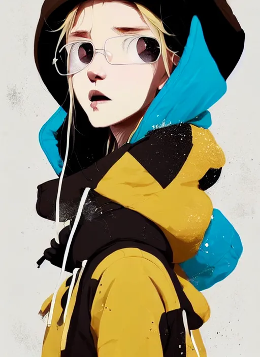 Image similar to highly detailed portrait of a street punk lady student, blue eyes, parka hoodie, hat, white hair by atey ghailan, by greg rutkowski, by greg tocchini, by james gilleard, by joe fenton, by kaethe butcher, gradient yellow, black, brown and cyan blue color scheme, grunge aesthetic!!! ( ( graffiti tag wall background ) )