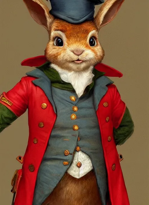 Prompt: peter rabbit as a british redcoat from the revolutionary war, digital art by eugene de blaas and ross tran, vibrant color scheme, highly detailed, in the style of romanticism, cinematic, artstation, greg rutkowski