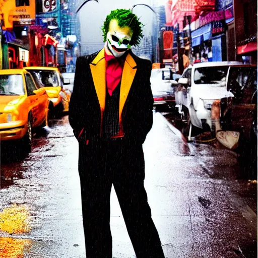 Image similar to night flash portrait photography of thejoker on the lower east side by annie leibovitz, colorful!!, nighttime!, raining!