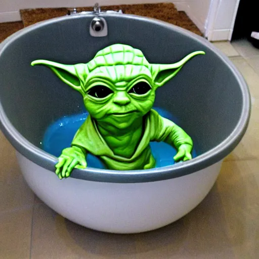 Prompt: sad yoda in bathtub