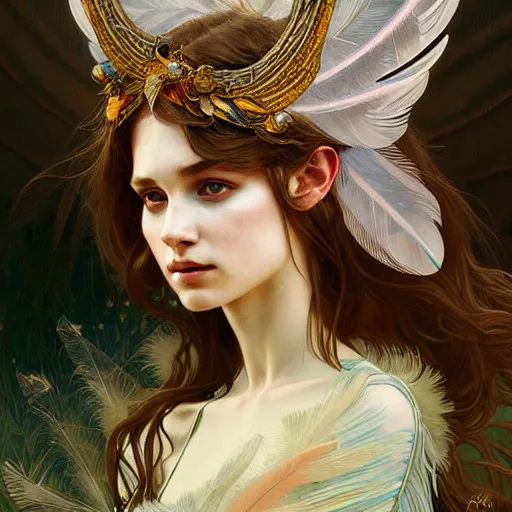 Image similar to Portrait of a winged girl angel wearing an intricate feather headdress, fantasy, intricate, elegant, highly detailed, digital painting, artstation, concept art, smooth, sharp focus, illustration, art by Krenz Cushart and Artem Demura and alphonse mucha