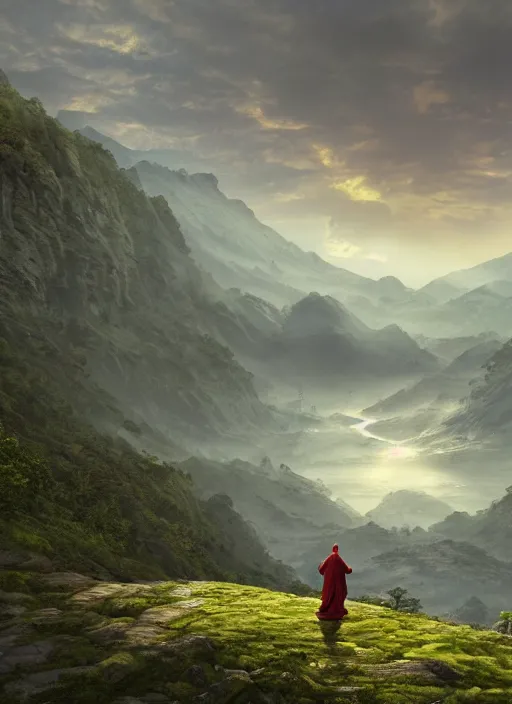 Image similar to a hooded monk in lord of the rings scenery landscape, huge buddhist temple on a mountain in the distance, river, lush valley, cosmic, god's rays, highly detailed, vivid color, cinematic lighting, perfect composition, 8 k, gustave dore, derek zabrocki, greg rutkowski, belsinski, octane render