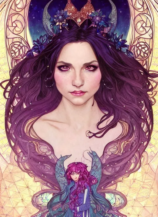 Prompt: fantastic portrait of a beautiftul witch with some shinny star, cloak, royally decorated crystal gemstones, symmetrical face, art nouveau, portrait, cute, fairy, by artgerm, kelly mckernan, greg rutkowski, alphonse mucha, detailed background, artstation, intricate, elegant, highly detailed, colorful, maximalist