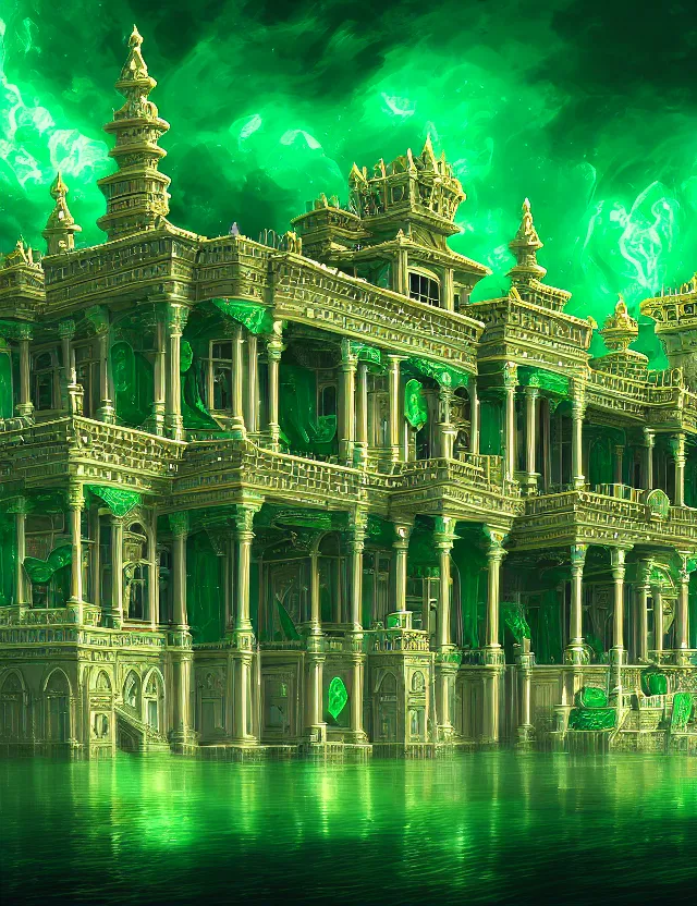 Image similar to a detailed digital painting of a palace made of gleaming emeralds, trending on artstation, digital art, 4 k resolution, detailed, high quality, sharp focus, hq artwork, coherent, insane detail, character portrait