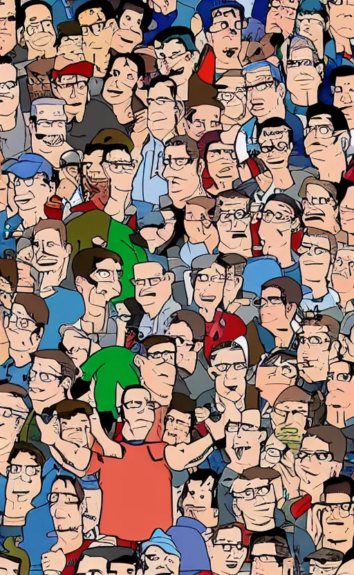 Prompt: hank hill in the style of'where's waldo'book