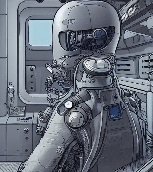 Image similar to a cybernetic realistic octopus in a space station, techwear, Industrial Scifi, detailed illustration, character portrait, by Martin Grip and Moebius