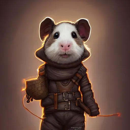 Image similar to cute little anthropomorphic Guinea Pig wearing techwear outfit, ultra wide lens shot , tiny, small, short, cute and adorable, pretty, beautiful, DnD character art portrait, matte fantasy painting, DeviantArt Artstation, by Jason Felix by Steve Argyle by Tyler Jacobson by Peter Mohrbacher, cinematic lighting