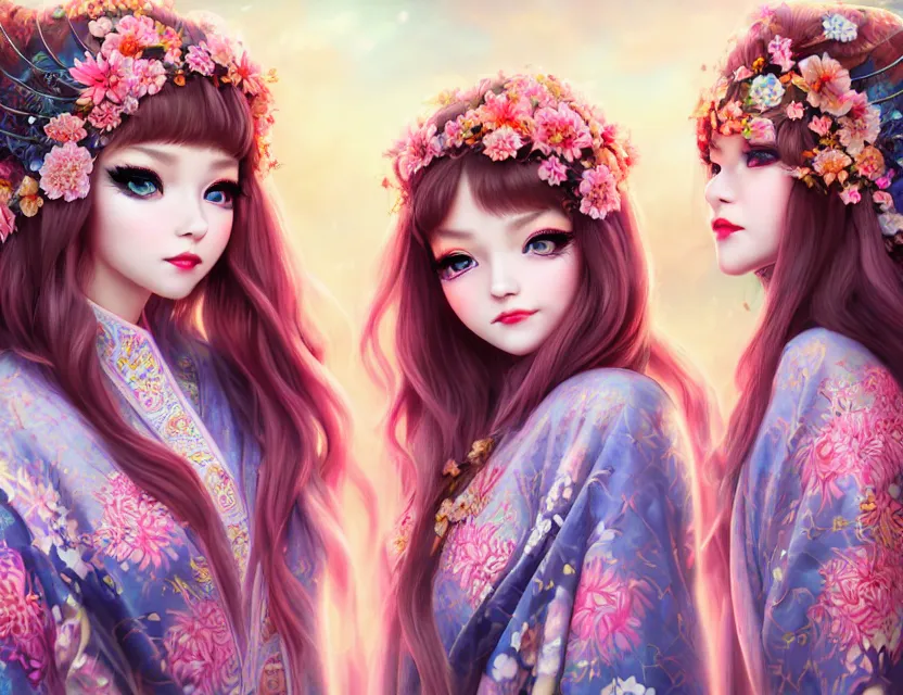 Image similar to two beautiful fashion siberian girls wear fantasy kimono in festival | | big eyes, sunny, dreamlike art, realistic shaded, smile, good looking, hyper details, 4 k realistic, cryengine, realistic shaded lighting poster by artgerm, ross tran, fuji choko, loish, 8 k resolution, trending on artstation, luxury