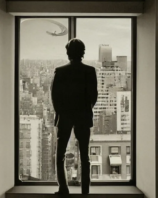 Prompt: john lennon looking out his nyc apartment window to see a ufo slowly flying by, the ufo is a round object, black or grey in the middle with blinking white lights wrapped around it and a red light on top. photorealistic, hyperreal, in the style of the x - files,