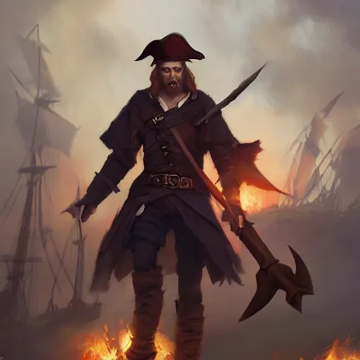 Image similar to amazing lifelike illustration of heroic handsome charming ginger rogue, long slender pointed ears, wearing a tricorne pirate captain hat, naval background, award-winning art by Greg Rutkowski