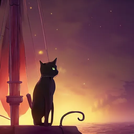 Image similar to a wholesome animation creative key shot of a black cat sailing a ship in the night, full shot, studio ghibli, pixar and disney animation, sharp, rendered in unreal engine 5, anime key art by greg rutkowski, bloom, dramatic lighting