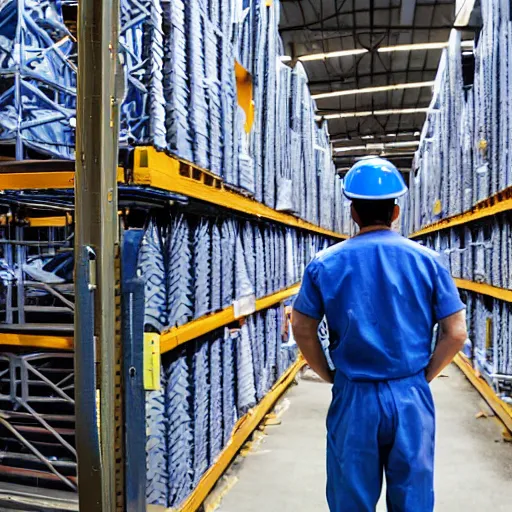 Image similar to a polaroid photo of man doing sort things into sort machines in sortation center warehouse, he's wearing blue cloth and construction hat,, photo from behind, highly details, perfect face shape, cinematic lighting,