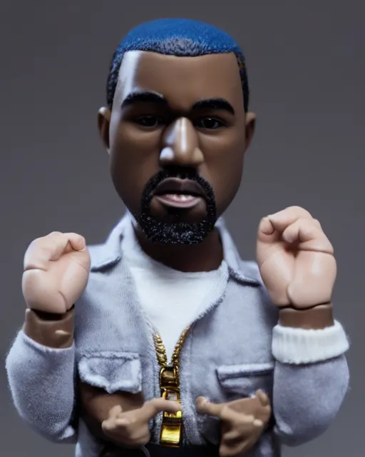 Image similar to 1970s action figure of Kanye West, product photography, plastic toy, white background, isolated background, studio lighting