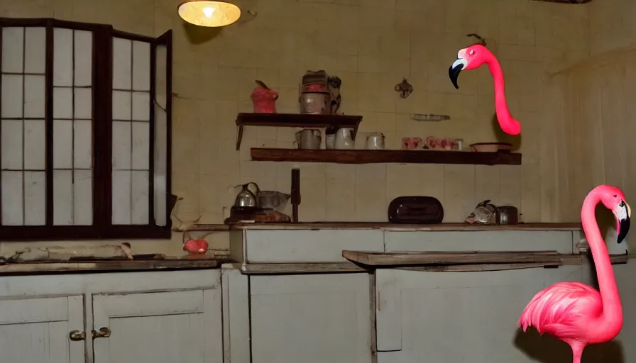 Image similar to a flamingo in a stalinist style kitchen, by mini dv camera, very very low quality, heavy grain, very blurry, accidental flash, caught on trail cam