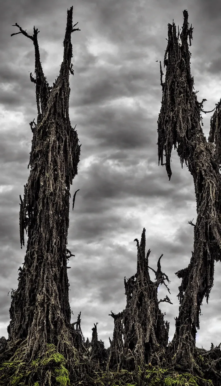 Prompt: a dark sky pierced by gnarly dark towers covered in teeth and moss