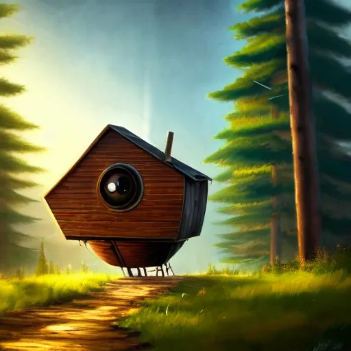 Prompt: a walking wood and metal house with two legs and one big eye, smoky chimney, rust, hyperrealistic, highly detailed, cinematic, single ray of sun, morning, pareidolia, gravity falls style, disney, ghibli, beautiful, pine trees in the background, cgssociety, artstation, 8 k, oil painting, digital art