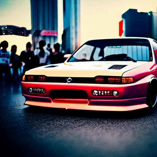 Image similar to a car Nissan Silvia at illegal car meet, Shibuya prefecture, city sunset, cinematic color, photorealistic, highly detailed