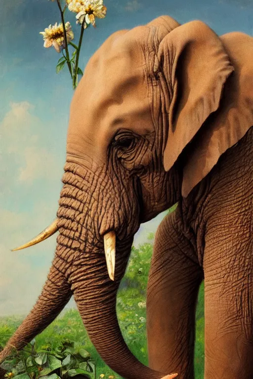 Image similar to elephant holding flowers in its trunk, oil on canvas, intricate, portrait, 8 k highly professionally detailed, hdr, cgsociety