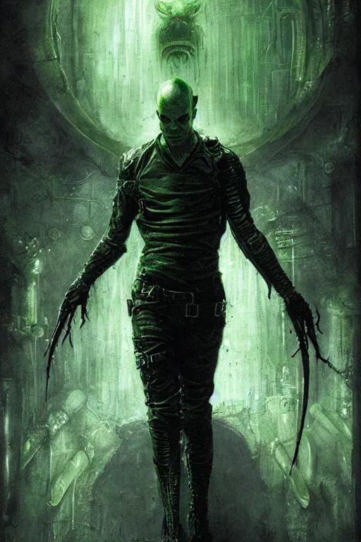 Prompt: green portrait of agent smith from the matrix by hr giger, greg rutkowski, luis royo and wayne barlowe as a diablo, resident evil, dark souls, bloodborne monster