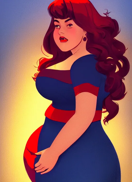 Image similar to full body portrait of teenage veronica lodge, obese, bangs, sultry, realistic, sultry smirk, wavy hair, red skirt, fat, belly, intricate, elegant, glowing lights, highly detailed, digital painting, artstation, concept art, smooth, sharp focus, illustration, art by wlop, mars ravelo and greg rutkowski