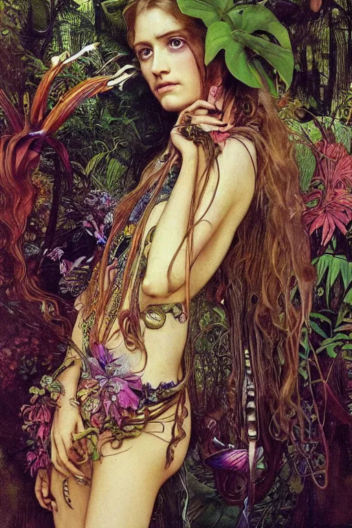 Image similar to realistic detailed portrait of bohemian girl in jungle by denis villeneuve, amano, yves tanguy, alphonse mucha, ernst haeckel, max ernst, roger dean, ridley scott, dynamic closeup