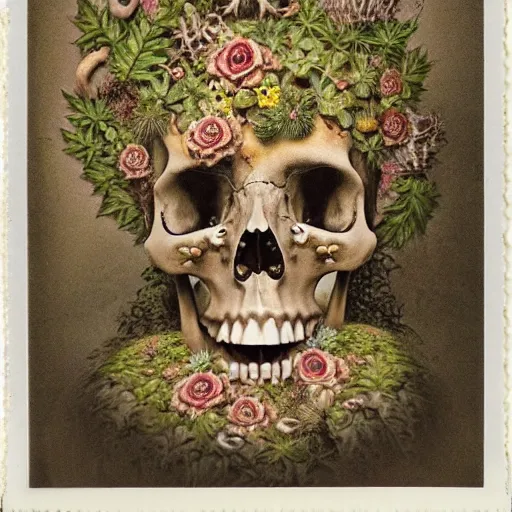 Image similar to a beautiful detailed front view baroque portrait of a rotten woman corpse becoming almost a skull with fractal plants and fractal flowers and mushrooms growing around, intricate, ornate, volumetric light, beautiful lit, polaroid photography