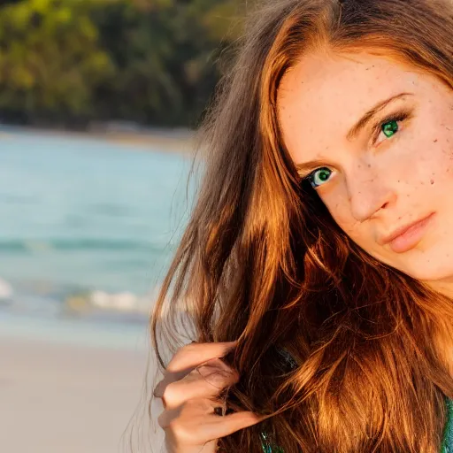 Prompt: Cute young woman, long shiny bronze brown hair, green eyes, cute freckles, soft smile, golden hour, beach setting, medium shot, mid-shot