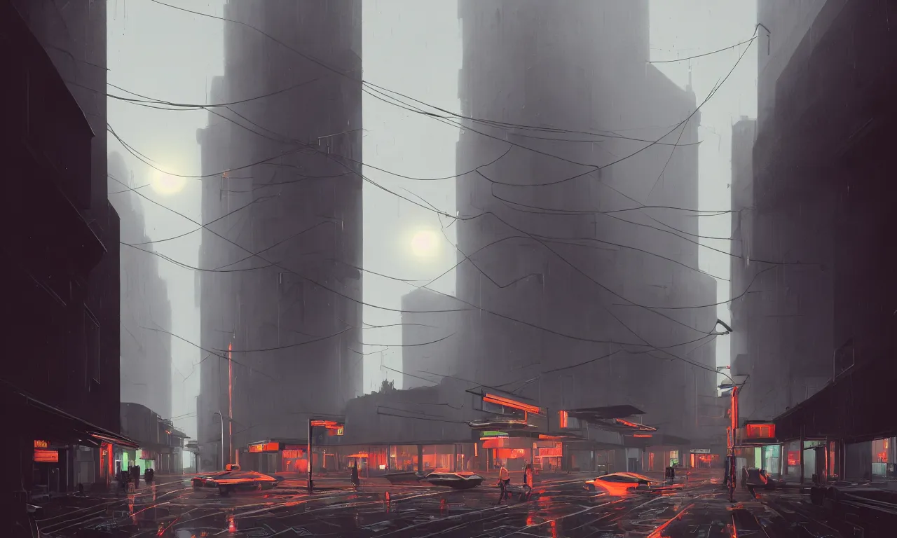 Image similar to photorealistic streetscape, simple brutalist architecture, metal, concrete, wet streets, neon lights, neon signs, flying vehicles, pedestrians, greg rutkowski, syd mead, ralph mcquarrie, concept art, matte painting, finely detailed, minimal artifacts, rule of thirds, dynamic lighting, cinematic, denoised, centered, artstation