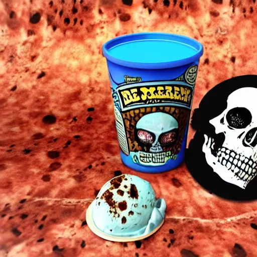 Image similar to ice cream of the macabre skin and bones flavour, ben and jerrys container, product, flesh, blood, evil, horror