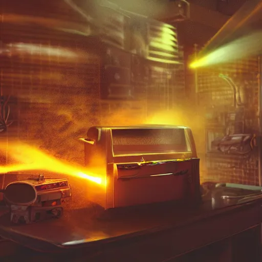 Image similar to cyborg toaster oven repairman, dark messy smoke - filled cluttered workshop, dark, dramatic lighting, orange tint, sparks, plasma rays, cinematic, highly detailed, sci - fi, futuristic, movie still