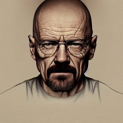 Prompt: Beautiful portrait of Walter White, wide angle, intricate, wild, highly detailed, digital painting, artstation, concept art, smooth, sharp focus, illustration, art by artgerm and greg rutkowski and alphonse mucha - W 768