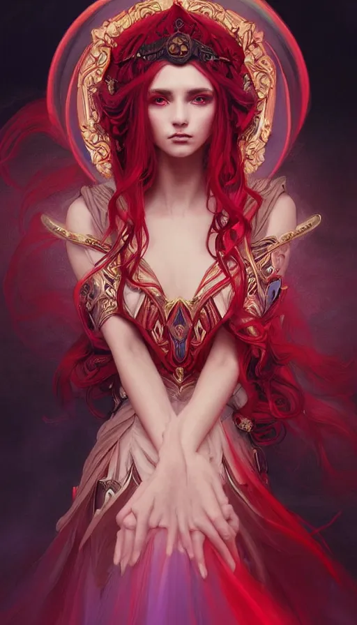 Image similar to portrait of magical paladin , dark fantasy, gradient red black, dreamy and ethereal, (colour) eyes, peaceful expression, ornate frilly dress, fantasy, intricate, elegant, rainbow bubbles, highly detailed, digital painting, artstation, concept art, smooth,b sharp focus, illustration, art by artgerm and greg rutkowski and alphonse mucha