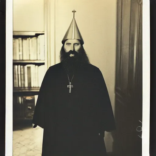 Image similar to cardinal - bishops that looks like breton monk rasputin in apostolic palace in vatican, polaroid