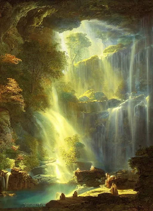 Prompt: a deep cave entrance, waterfalls, harmony of nature, infinite dawn, angelic light, sparkling dew, epic atmosphere, by asher brown durand, by yoshitaka amano