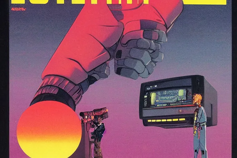 Image similar to a 1982 cover of OMNI magazine depicting a hand holding a bulky retro tv remote. Neo-Tokyo. Cyberpunk style art by Vincent Di Fate.