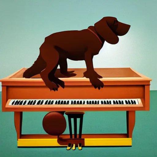 Image similar to a brown spaniel with a white chest , sat down playing a grand piano. surrealism. Artwork adult swim style, no text