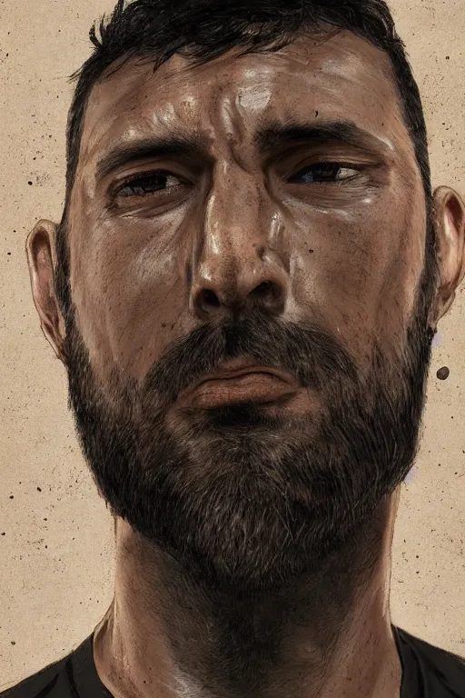 Image similar to very detailed portrait of a rugged man in his early thirties, strong jaw, ( ( deep black eyes ) ), ( ( ( latino features ) ) ), wearing a black!! t - shirt, earthy color scheme, by wlop and tyler oulton, detailed eyes, starry background, trending, on artstation.