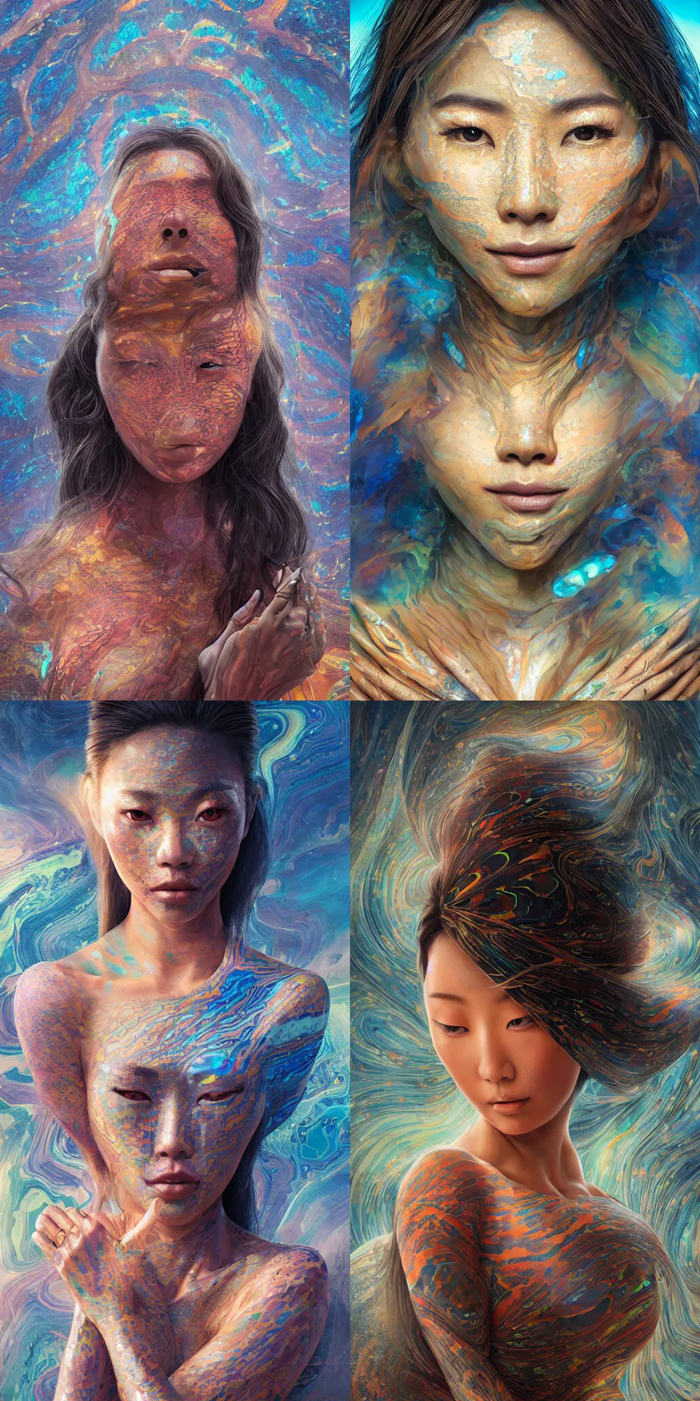 Image similar to a matte painting of a stunningly beautiful japanese woman with skin made of double sided koroit patterned boulder opal, paint swirl aesthetic, by Sam Spratt and Dan Mumford, 8k resolution, ultra-high definition, UHD, metal materials, marble materials, wood materials