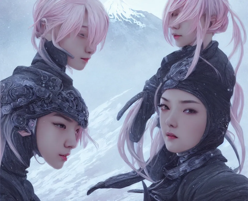 Prompt: portrait grey hair ninja gaiden girl, black plus little pink ninja wardrobe, at snowy fuji mountain sunrise, ssci - fi and fantasy, intricate and very very beautiful, detailed, digital painting, artstation, concept art, smooth and sharp focus, illustration, art by tian zi and wlop and alphonse mucha