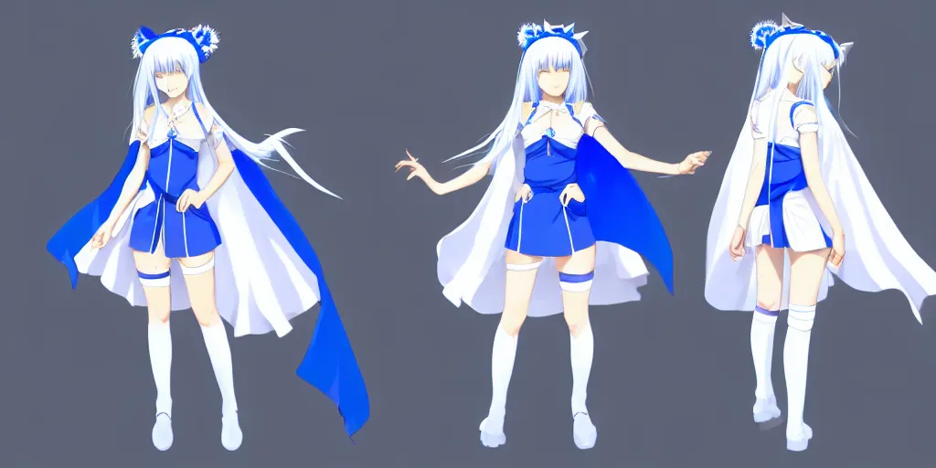 Image similar to a blue-haired alchemist girl, wearing a headband, short pale tunic and white stockings, high boots, azure cape, anime model sheet; in the Japanese fantasy videogame; character concepts; trending on artstation, highly detailed, clean lineart