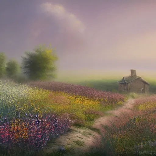 Image similar to a matte painting of a european prairie, cottages, foggy, patchy flowers, oil painting, pale colors, high detail, 8 k, wide angle, trending on artstation,